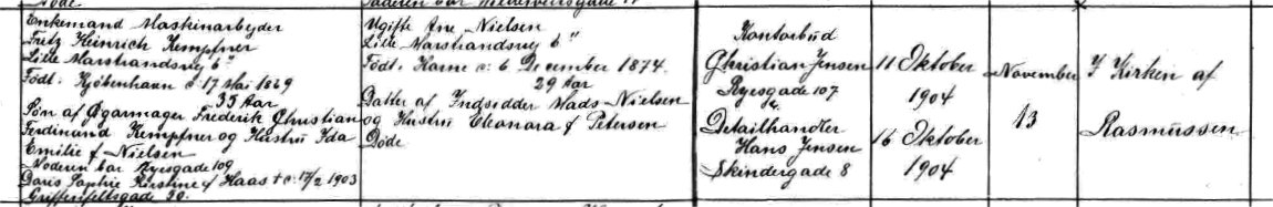 Udsnit af kirkebog, Vielse af Friz Heinrich Kempfner og Anna Nielsen